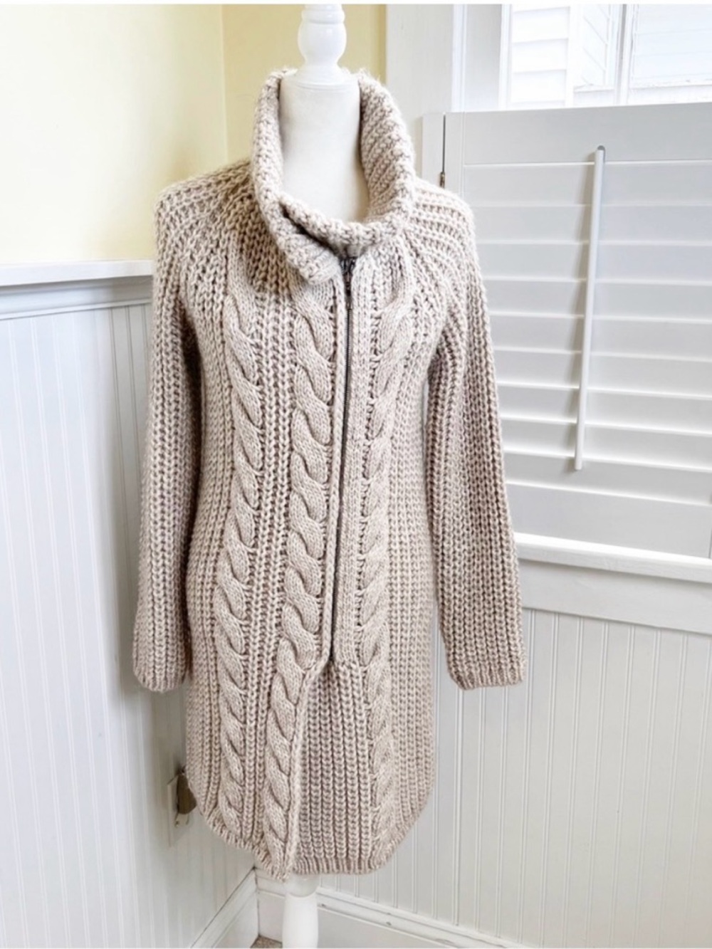 Long Cable Knit Zip-Up Turtleneck Cardigan Sweater - Cream